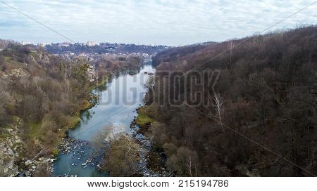Aerial view of the river Teteriv. Beautiful view of the river landscape
