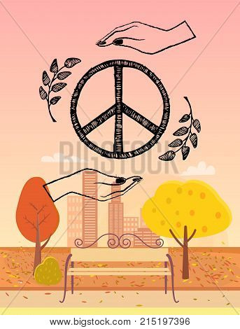 Hippie emblem surrounded by two hands and two spikelets. Background of vector illustration is misty autumn city with high buildings and skyscrapers