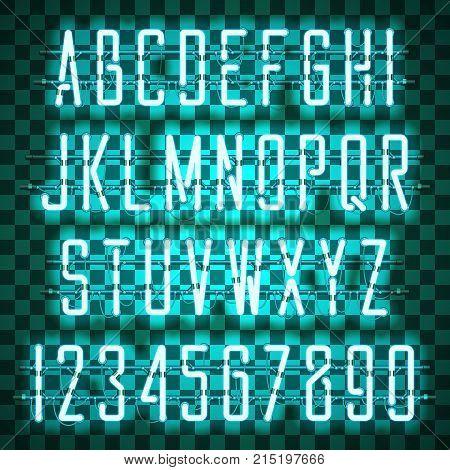 Glowing Blue Neon Casual Script Font with uppercase letters from A to Z and digits from 0 to 9 with wires, tubes, brackets and holders. Shining and glowing neon effect. Vector illustration.