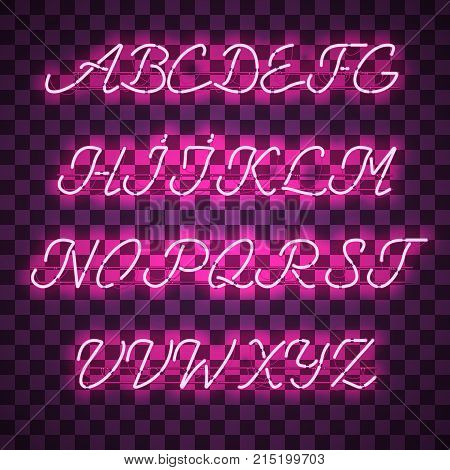 Glowing Purple Neon Script Font with uppercase letters from A to Z with wires, tubes, brackets and holders. Shining and glowing neon effect. Vector illustration.