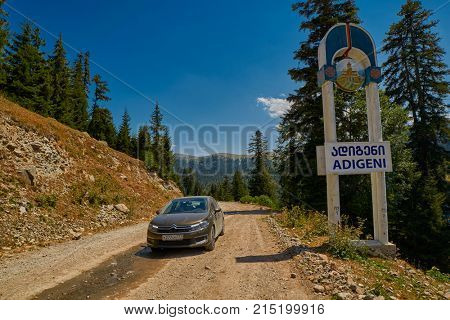 KHULO, GEORGIA - 08 August 2017: Challenging mountain unpaved road between Akhaltsikhe-Batumi near Khulo village of Georgian Adjara region