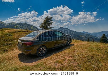 KHULO, GEORGIA - 08 August 2017: Challenging mountain unpaved road between Akhaltsikhe-Batumi near Khulo village of Georgian Adjara region