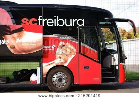 MAINZ, GERMANY - OCTOBER 25: The coat of arms of the football club SC Freiburg at the team bus at a game of the regional league on October 25, 2017 in Mainz.