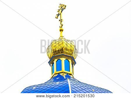 One Domes Of The Orthodox Church With Golden Crosses.