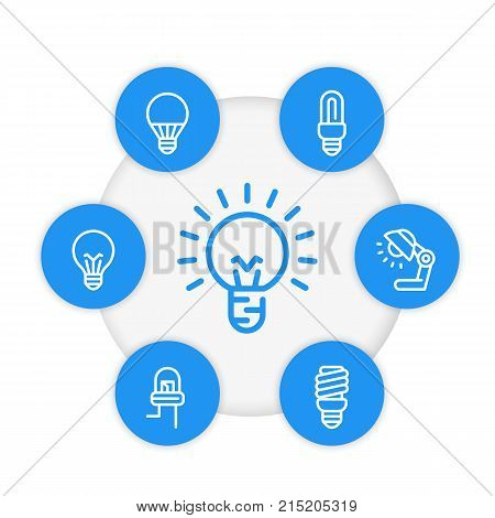 light bulbs linear icons, LED, fluorescent, CFL, halogen lamps, eps 10 file, easy to edit