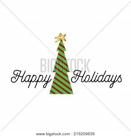 Happy Holidays typography and icon with red and green christmas tree and hand drawn golden star.