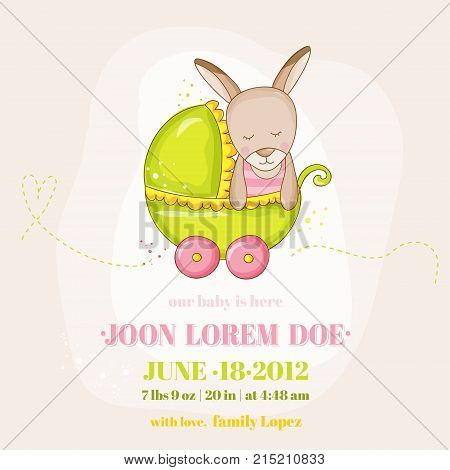 Cute Baby Girl Kangaroo in a Carriage - Baby Shower or Arrival Card - in vector