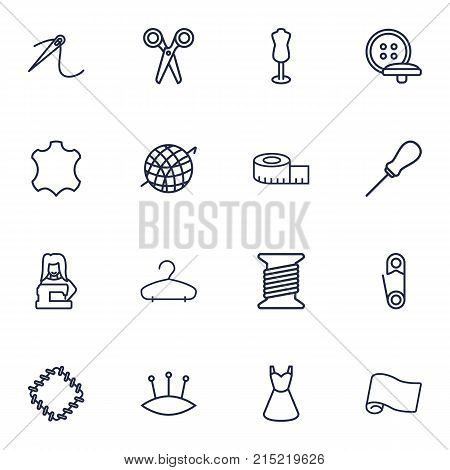 Collection Of Dummy, Fabric, Awl And Other Elements.  Set Of 16 Sewing Outline Icons Set.