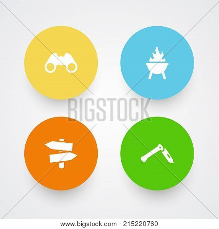 Collection Of Optical Zoom, Signpost, Jackknife And Other Elements.  Set Of 4 Adventure Icons Set.
