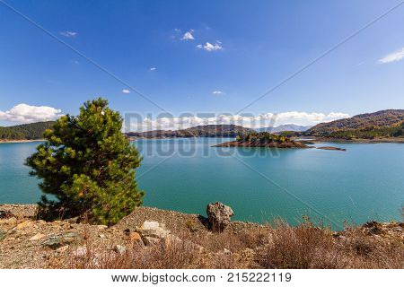 Pine Tree Against Aoos Artificial Lake In Epirus, Greece