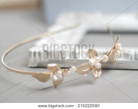Wedding golden leaf accessory headband with natural freshwater pearls