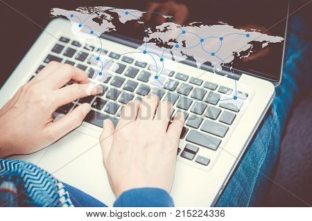 communication business person working on computer social media etwork connection concept Elements of this image furnished by NASA