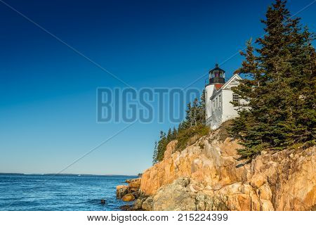 Bass Harbor Lighthouse And Blue Sky Copy Space