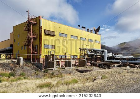 KAMCHATKA RUSSIA - SEP 17 2016: Separator and pumping station of Mutnovskaya Geothermal Power Station (Mutnovskaya GeoPP-1) Geotherm JSC (RusHydro) using geothermal energy to produce electricity.