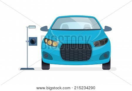 Car repair. Car auto service. Mechanic repairs, diagnostics car, equipment in auto service. Repair, diagnostics and replacement of headlights, lighting, parking lights. Vector illustration.