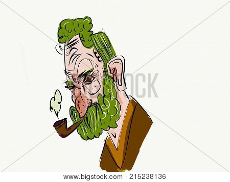 Cartoon of an old man with green beard smoking a pipe