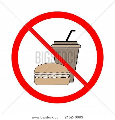 No food and drink icon. Silhouette hamburger in red circle. Sign no meal on white background. Label no eating. Symbol forbidden fast food for posterbanner. Mark warning. Flat vector illustration