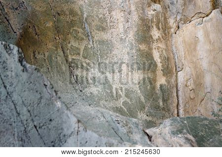 Ancient Petroglyphs Rock Carvings On Stones. Altai Republic, Russia