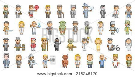 Vector 8-bit pixel art people set for video game and design on white background.