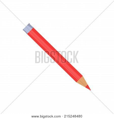 Red sharp pencil with silver end vector illustration isolated on white background. Colorful crayon in flat style design, drawing object