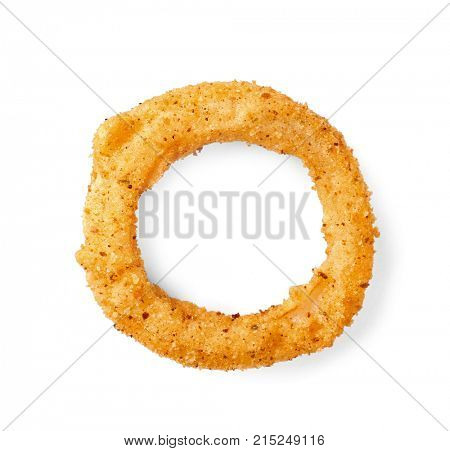 Fried breaded onion ring on white background