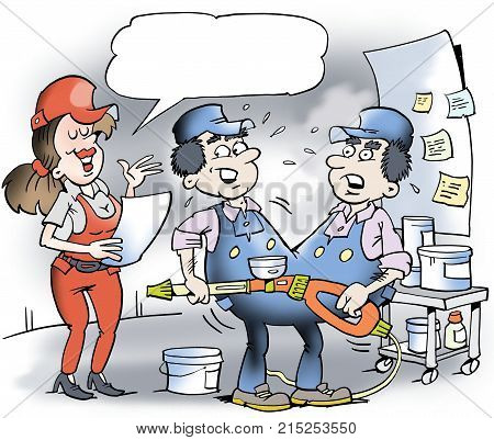 Cartoon illustration of two Siamese twins mechanic