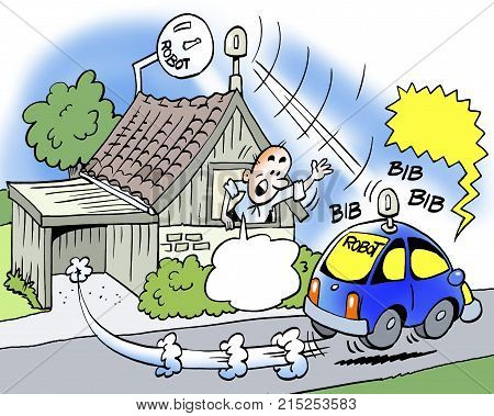Cartoon illustration of a self-propelled robot vehicle running without the driver