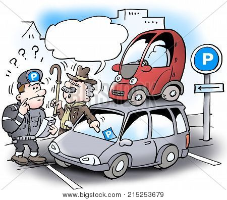 Cartoon illustration of a older stingy man who has parked her small car on the roof of a larger big car