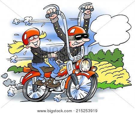 Cartoon illustration of a happy biker running fast on a motorcycle with his girlfriend sitting behind him