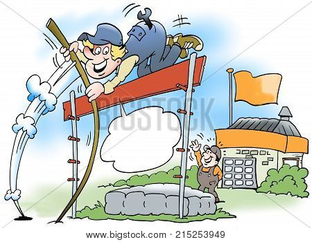 Cartoon illustration of a mechanic who jump high jump over an obstacle
