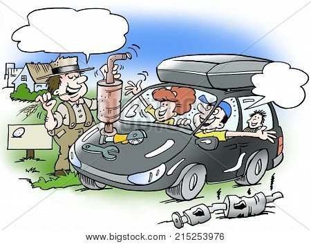 Cartoon illustration of a family on a holiday trip. And the car has been repaired at the local farmer