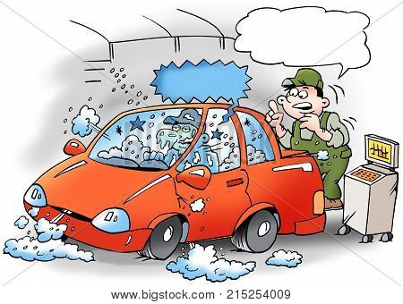 Cartoon illustration of a mechanics that tests the air conditioner in the car the mechanic is frozen