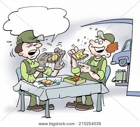 Cartoon illustration of two mechanics who eat lunch one of them using soft work gloves