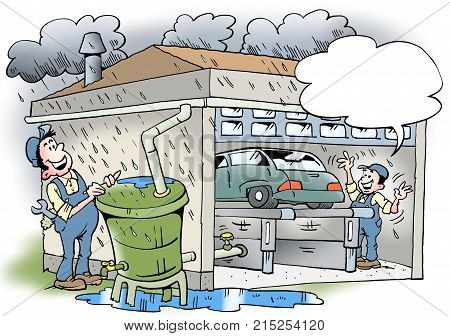 Cartoon illustration of a workshop that recycles water from the roof