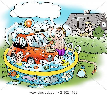 Cartoon illustration of a family man who washes his little car in the familys bathing pool