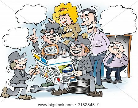 Cartoon illustration of employees people there read interested in the magazine for auto industry
