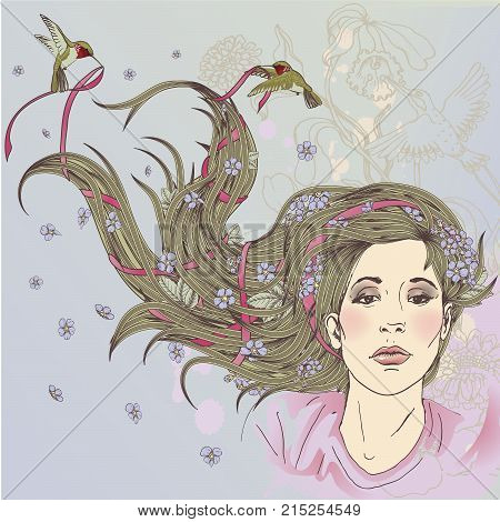 Young beautiful girl with long hair. Hair care vector illustration.