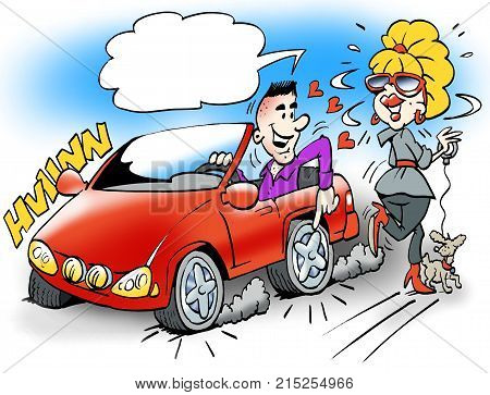 Cartoon illustration of a smart guy in his sports car showing the young lady the brand new wheels on the car