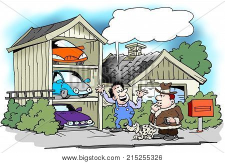 Cartoon illustration of a man who have built the garage specifically for all his cars
