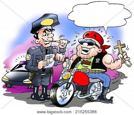 Cartoon illustration of a happy biker there must have a speeding ticket