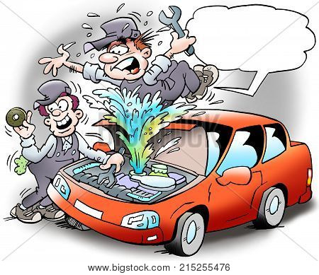 Cartoon illustration of a mechanic who has taken a cover so that the coolant is spraying out