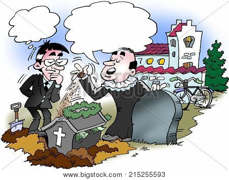 Cartoon illustration of a priest buried a coffin with a lot of money