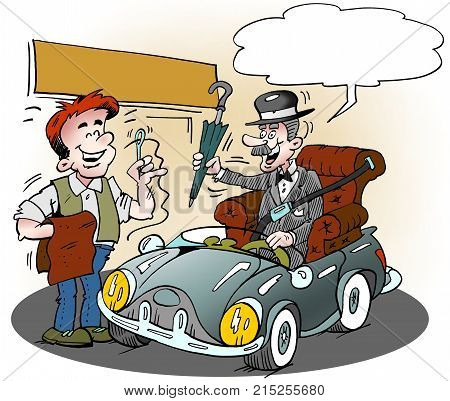 Cartoon illustration of an elderly glenteman who has got his favorite armchair in his car
