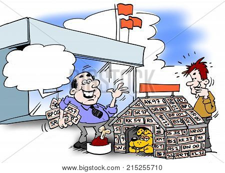 Cartoon illustration of a businessman who specializes in reusing license plates