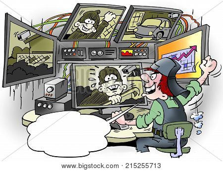Cartoon illustration of A car thief has been discovered in a giant surveillance facility