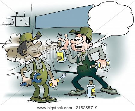 Cartoon illustration of two mechanics spraying color or fresh air into the workshop room