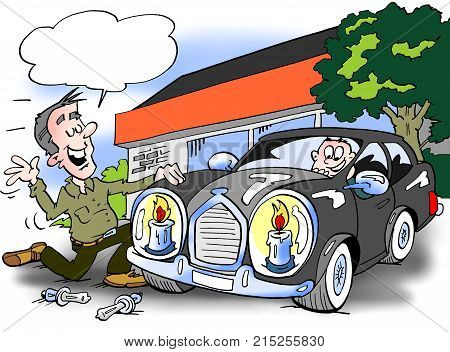 Cartoon illustration of A luxury car there has been fitted with new-saving headlight bulbs