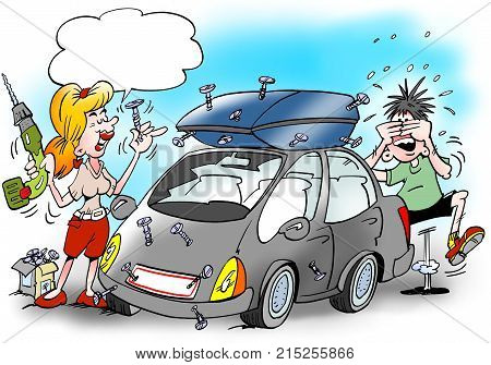 Cartoon illustration of a Woman there has fitted the new roof box with the screw tool she could just find in the workshop