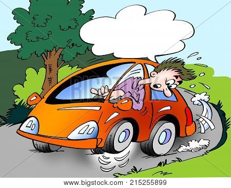 Cartoon illustration of a car owner driving with wrong tire pressure in the crank so that it runs on three wheels