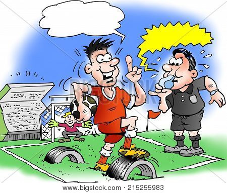 Cartoon illustration of a a football player and a football pitch where the base is made of old rubber tire residues